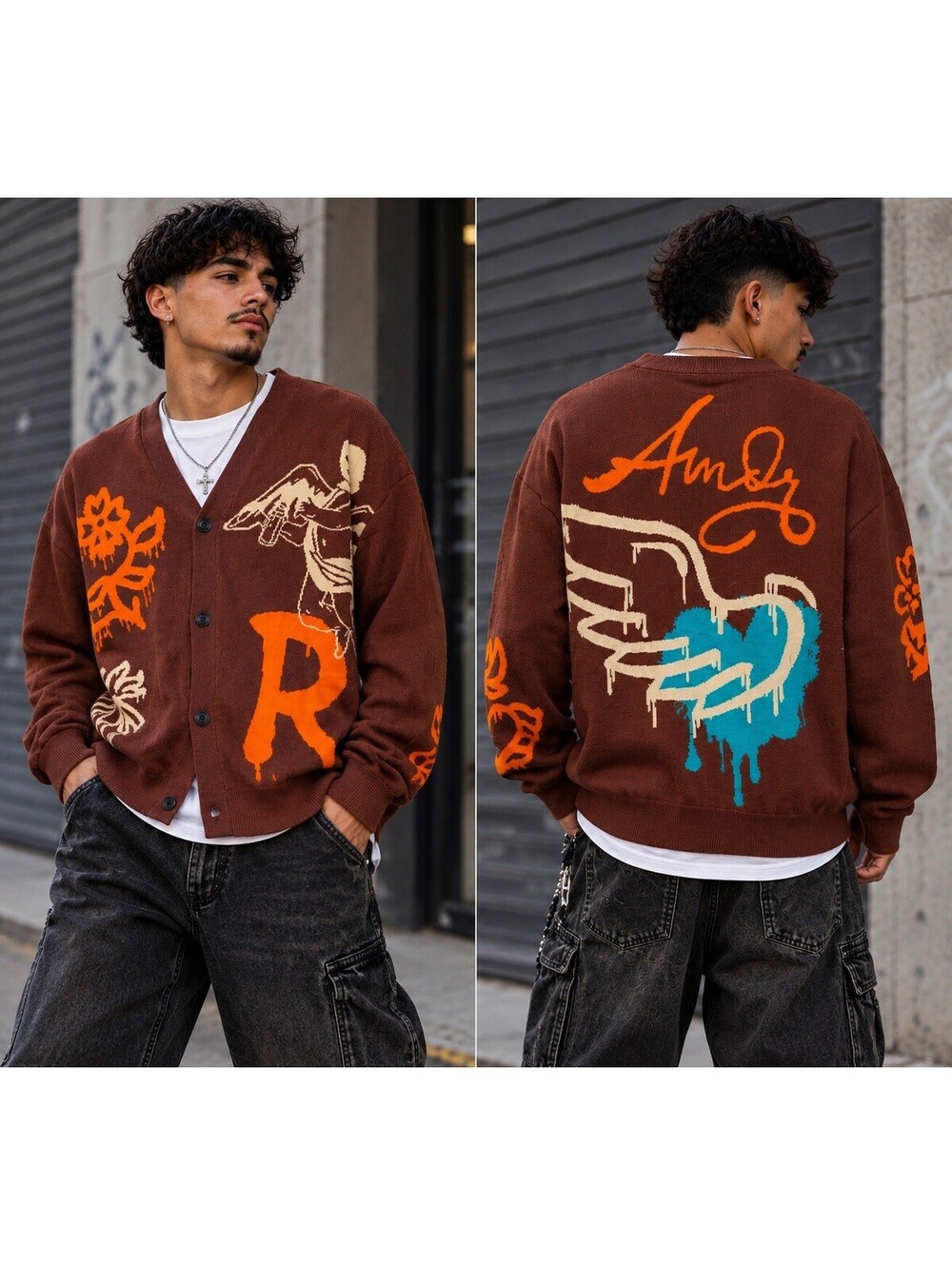 Rebel Minds Men's Brown Knit V-Neck Button Front Cardigan Graffiti Angel LARGE